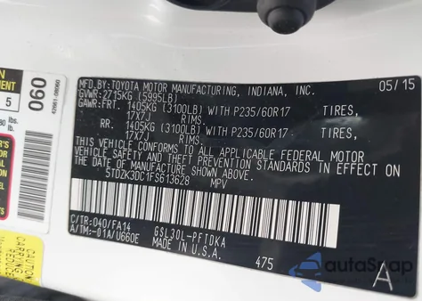 2015 Toyota Sienna L 7 Passenger z USA, uszkodzony, nr VIN 5TDZK3DC1FS613628